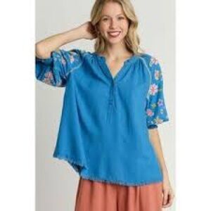 Umgee Blue Ruffled Embellished Blouse with Mandarin Collar NWOT